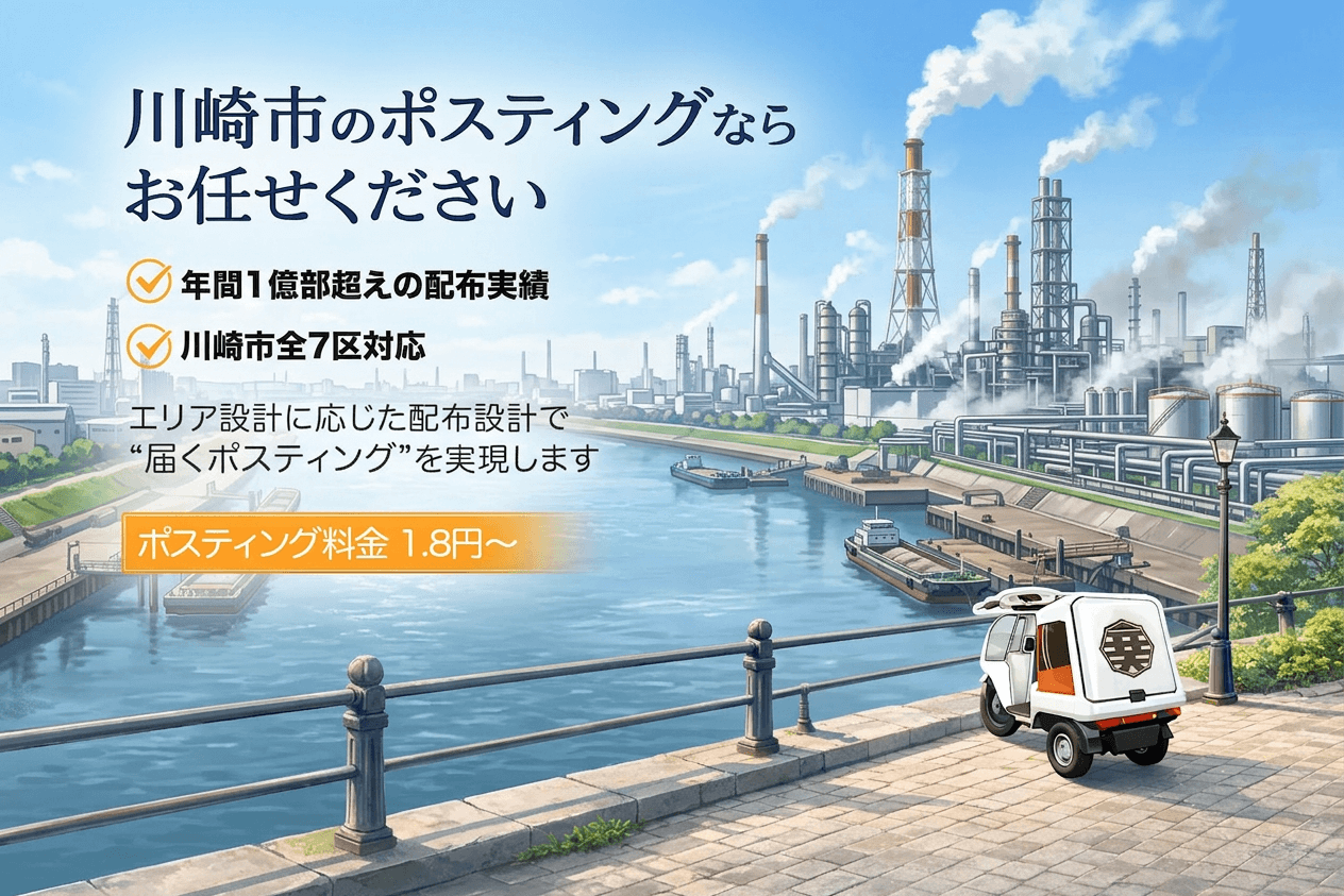 川崎市のポスティングならお任せください 年間1億部超えの配布実績 川崎市7区すべて対応 エリア設計に応じた配布設計で“届くポスティング”を実現します ポスティング料金1.8円~