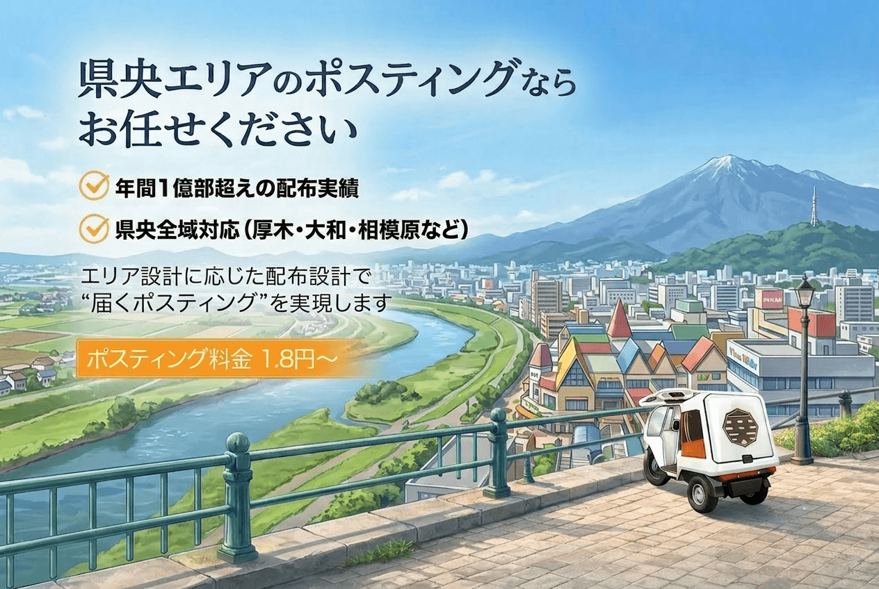 川崎市のポスティングならお任せください 年間1億部超えの配布実績 県央全域対応(厚木・大和・相模原など) エリア設計に応じた配布設計で“届くポスティング”を実現します ポスティング料金1.8円~