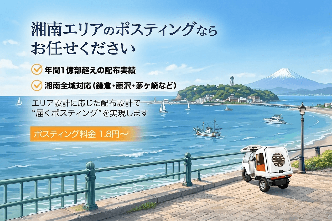 川崎市のポスティングならお任せください 年間1億部超えの配布実績 湘南全域対応(鎌倉・藤沢・茅ヶ崎など) エリア設計に応じた配布設計で“届くポスティング”を実現します ポスティング料金1.8円~