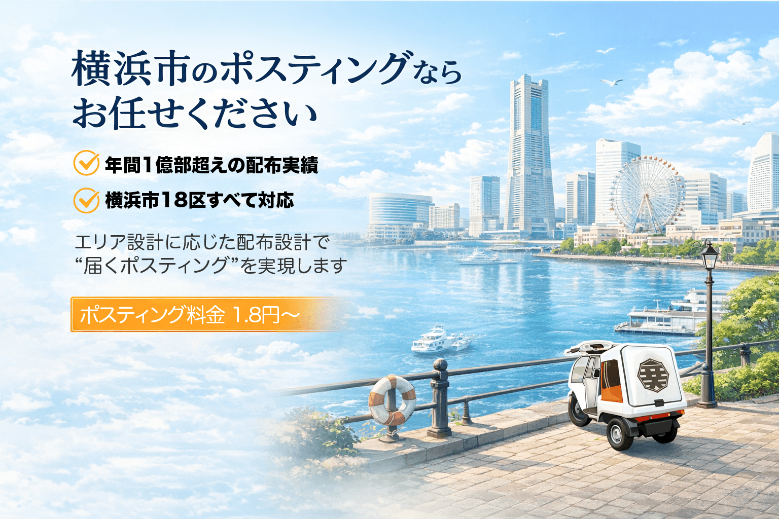横浜市のポスティングならお任せください 年間1億部超えの配布実績 横浜市18区すべて対応 エリア設計に応じた配布設計で“届くポスティング”を実現します ポスティング料金1.8円~